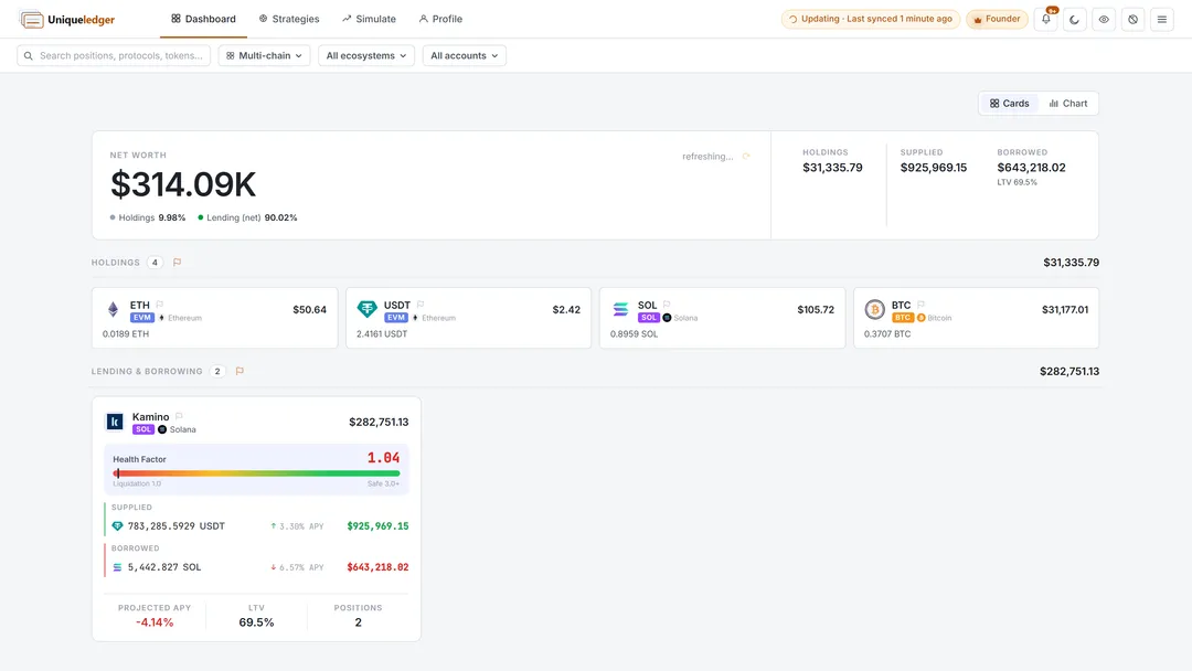 A hardware wallet, a hot wallet and Solana and Bitcoin holdings grouped into one Net Worth in Uniqueledger